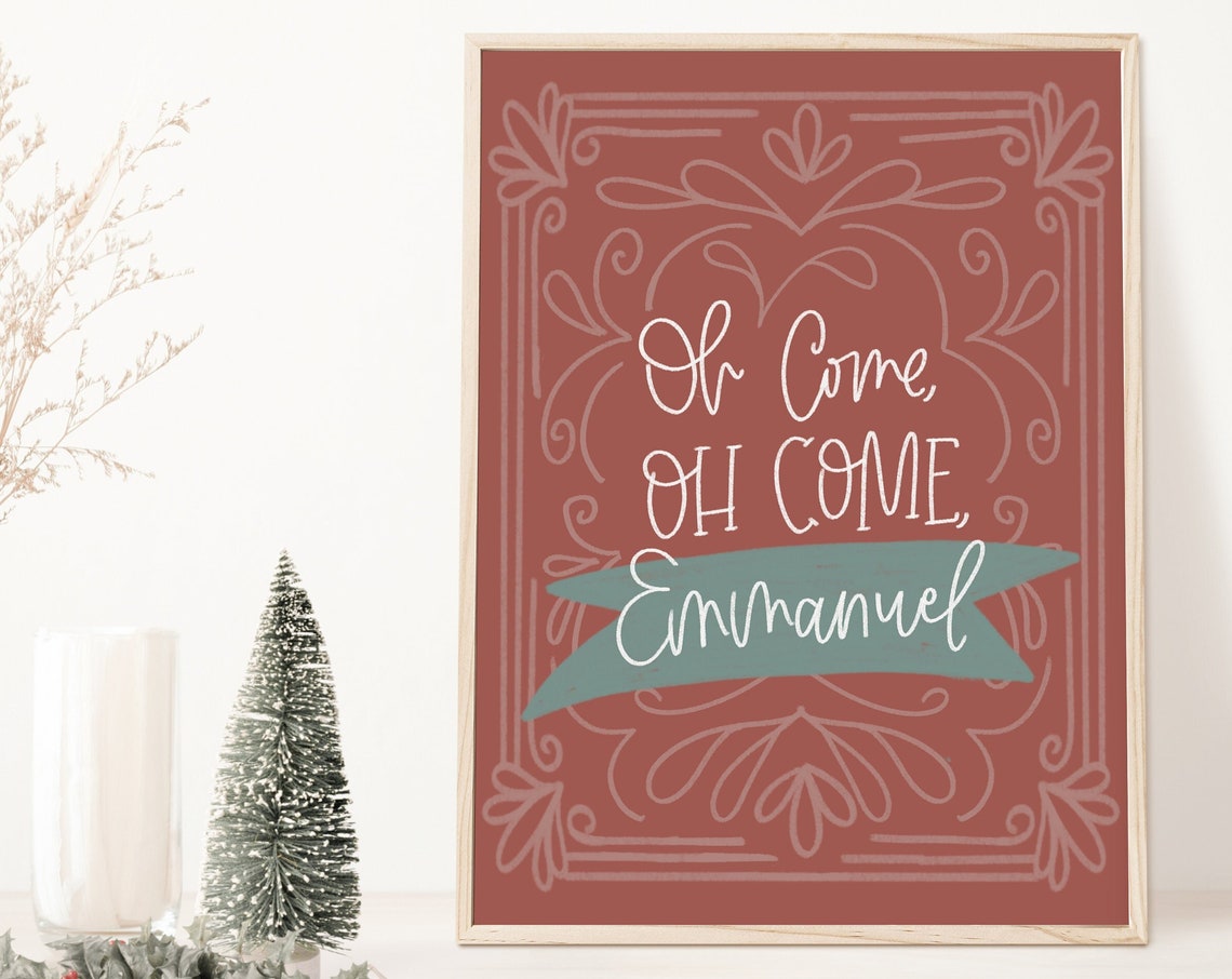 Rust Red Oh Come Oh Come Emmanuel Hand Lettered Christmas Poster