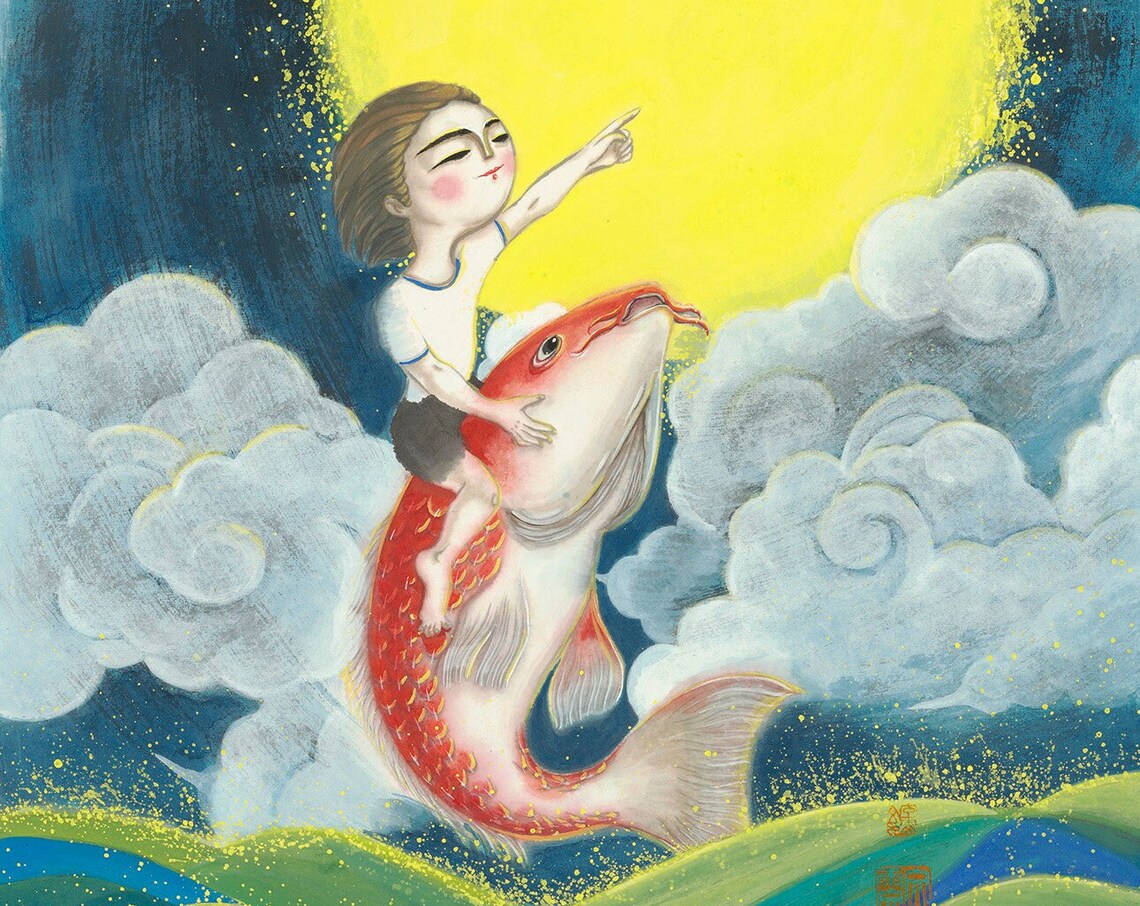 Boy and Koi Fish Chinese Ink Nursery Art Print