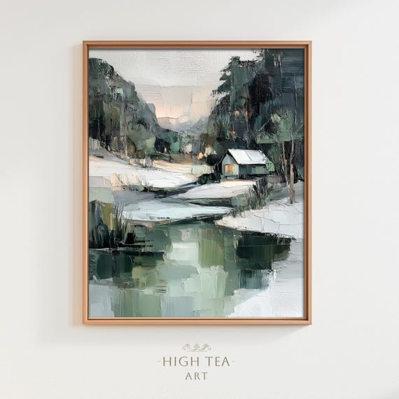 Vintage Snowy Cabin Oil Painting Art Print Winter Landscape River Nature Neutral Muted Greenery Decor Hta393
