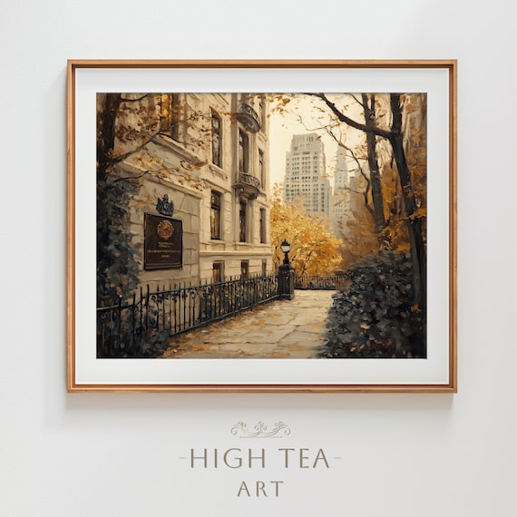 Vintage Muted Neutral Sandstone Building New York City Art Print Leafy Autumn Trees Street Fence Path Hta170