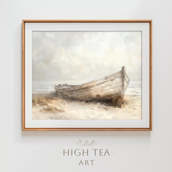 Neutral Muted Shipwreck Old Wooden Boat Oil Painting Beach Poster