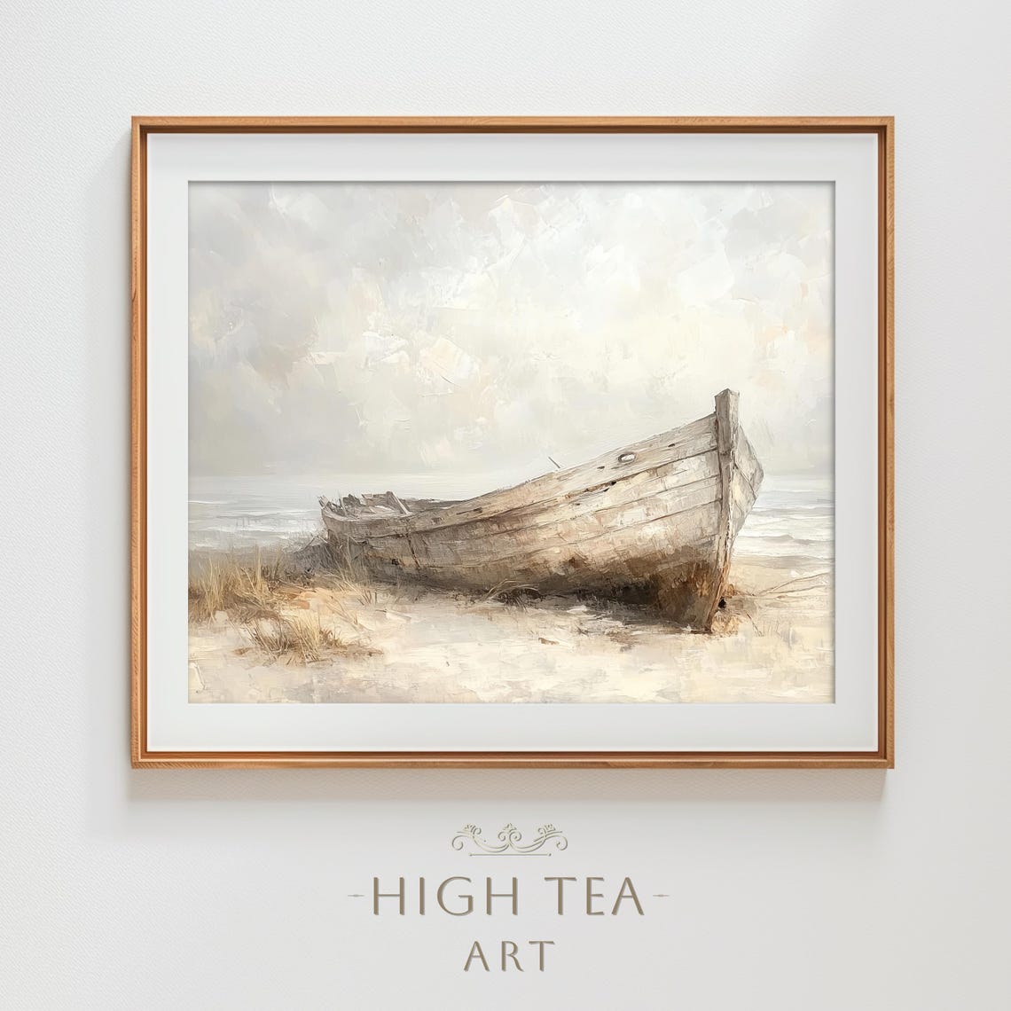 Neutral Muted Shipwreck Old Wooden Boat Oil Painting Beach Poster