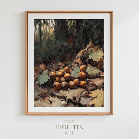 Acorns On Forest Floor Autumn Leaves Rustic Oil Painting Poster