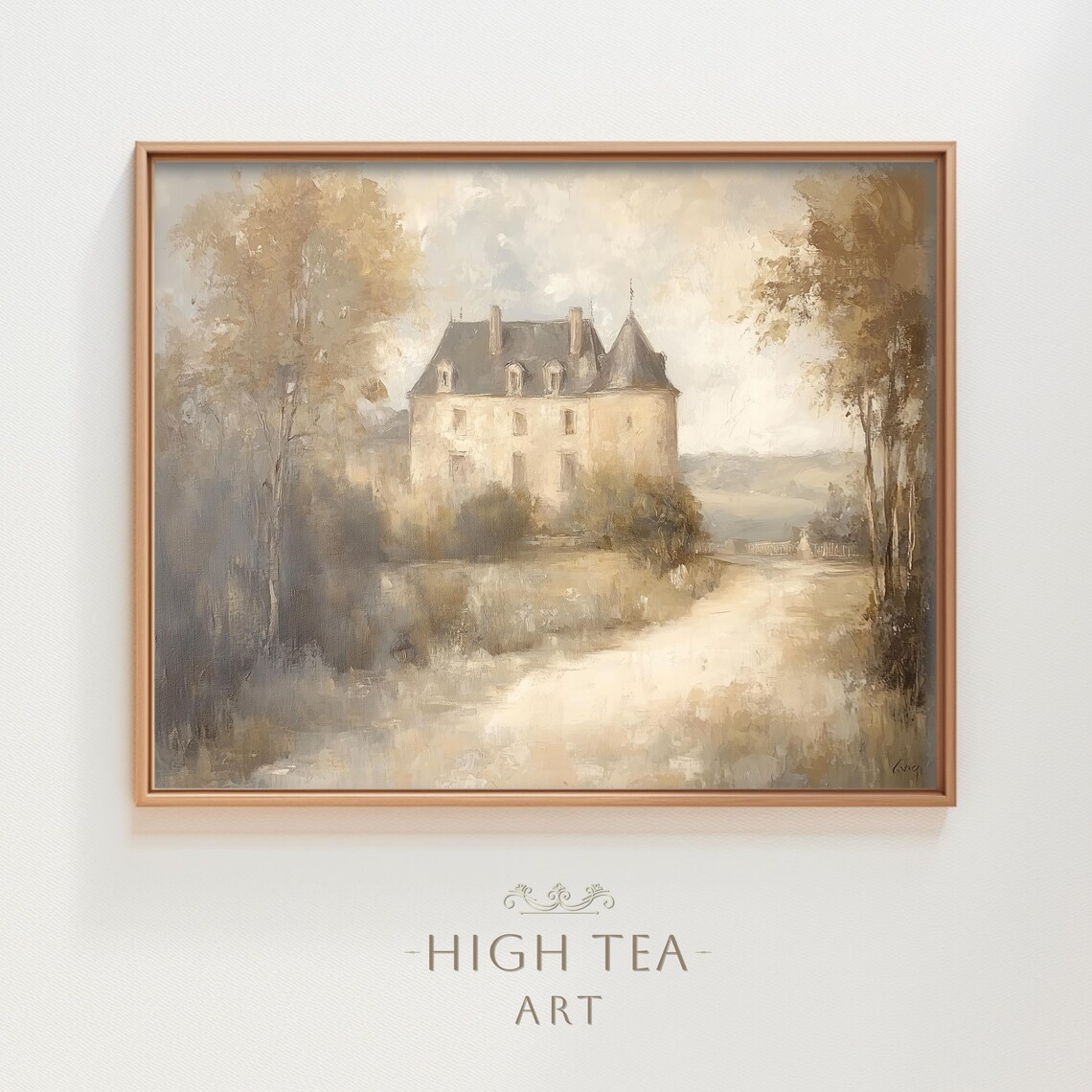 Vintage French Chateau Oil Painting, Countryside Landscape Poster