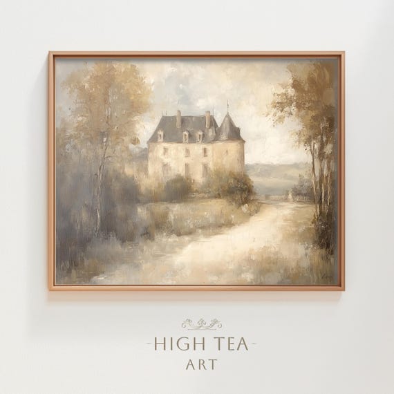Vintage French Chateau Oil Painting, Countryside Landscape Poster