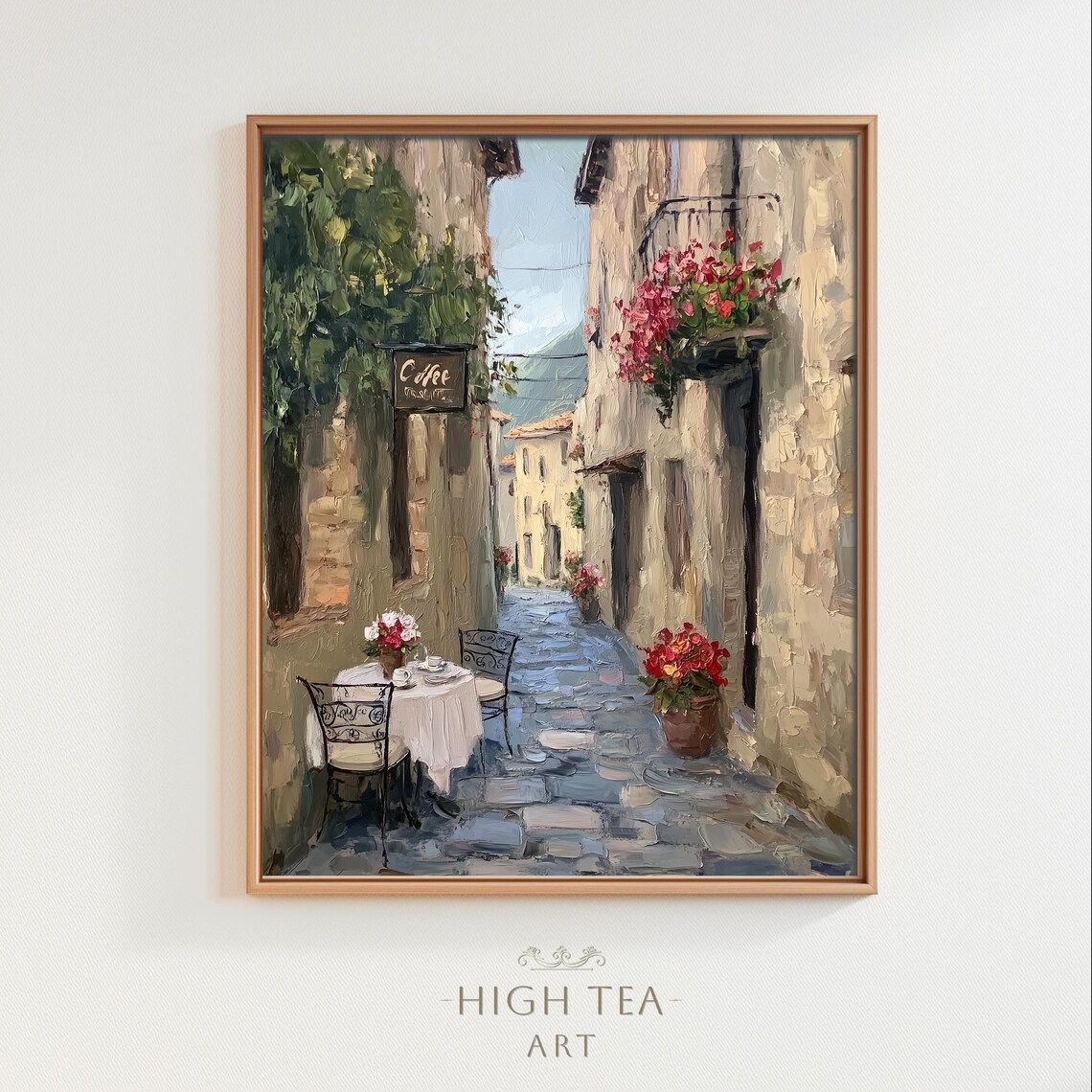 Vintage Tuscan Cobblestone Alley Cafe Table Red Flowers Italy Oil Poster