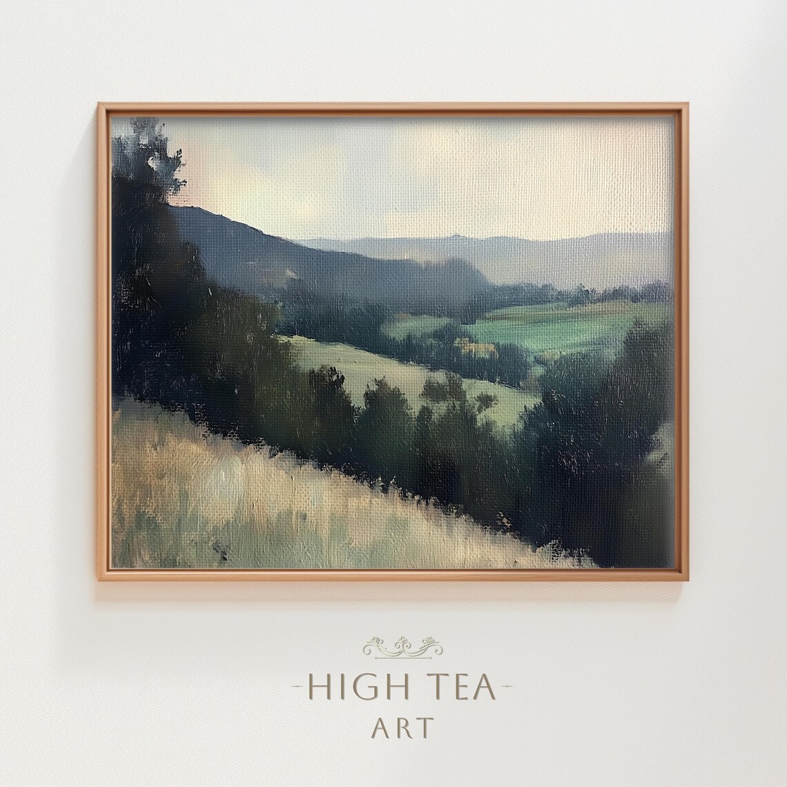 Vintage Country Hills Rolling Green Landscape Oil Painting Wall Art