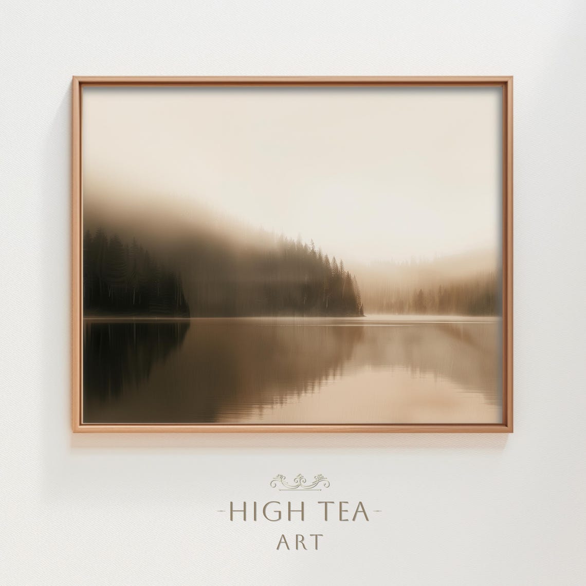 Misty Pine Forest Lake Calm Sunrise Sepia Landscape Wall Art