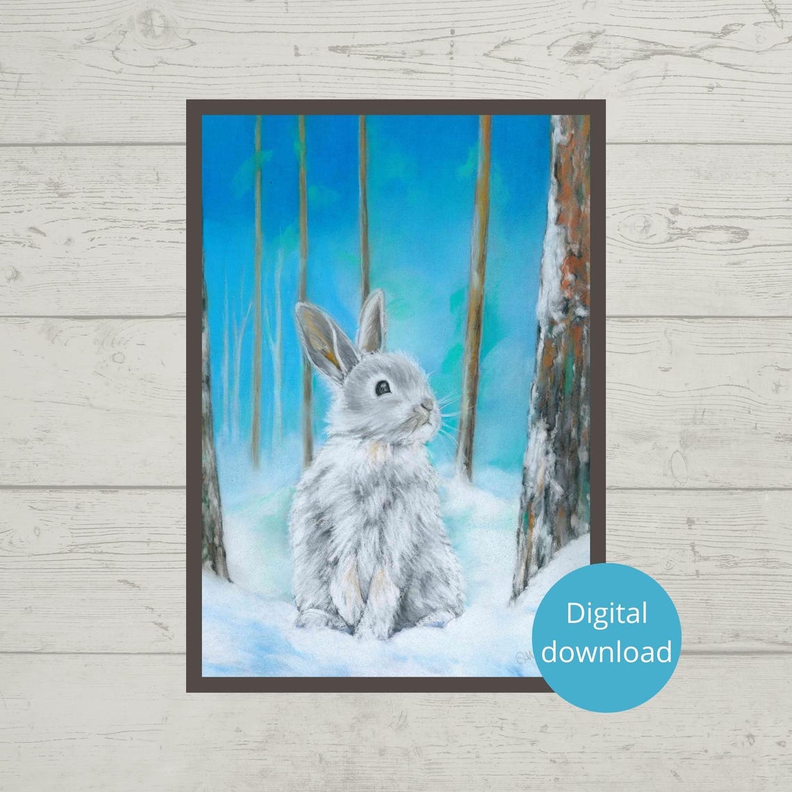 White Bunny In Snowy Forest Winter Wonderland Painting Poster