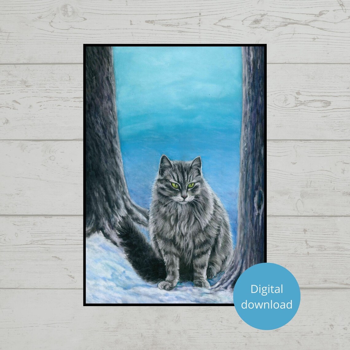 Gray Tabby Cat In Snowy Forest Standing Among Tall Trees Poster