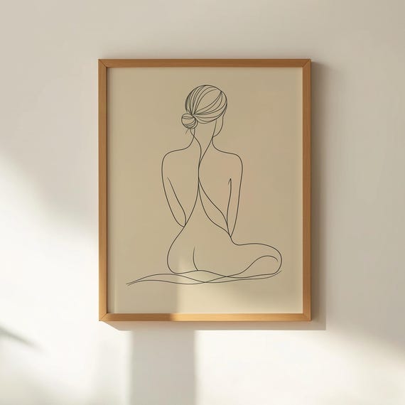 Minimalist Female Line Art Seated Woman Back View In Japandi Zen Style Calm Feminine Silhouette For Modern Wabi Sabi Decor