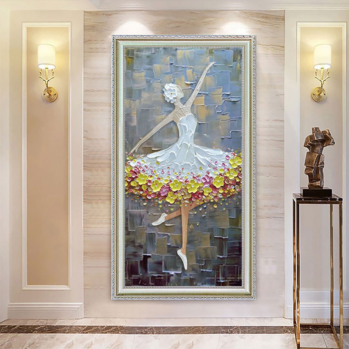 Hand Painted Abstract White Flower Ballerina Oil Painting On Art Yellow Pink Palette Knife Painting Children Girl Room Decor Wall Art