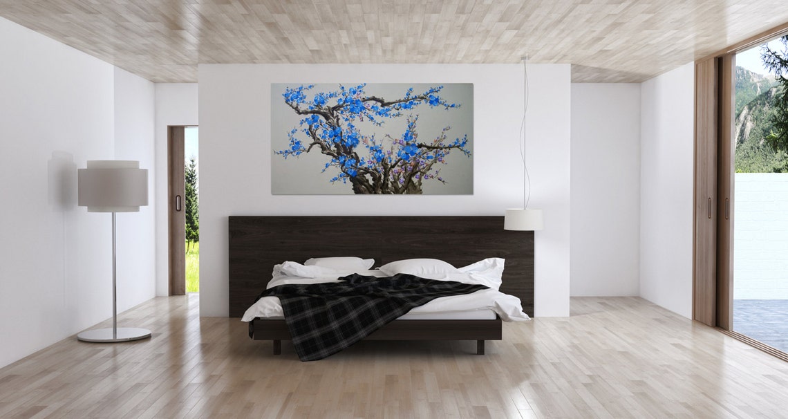 Blue Plum Blossom Branches On Soft Grey Ink Wash Oil Paint Poster - Image 4