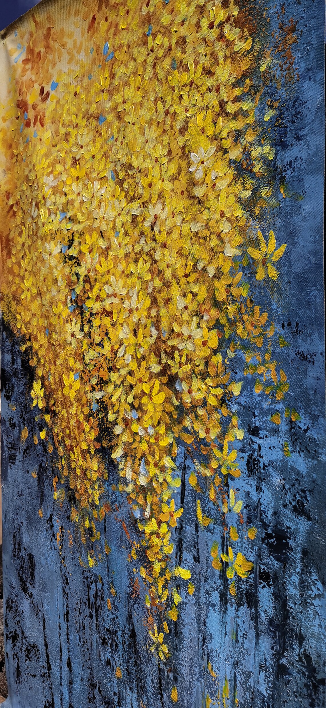 Yellow Bloom Abstract Oil Painting, Dark Turquoise - Image 3