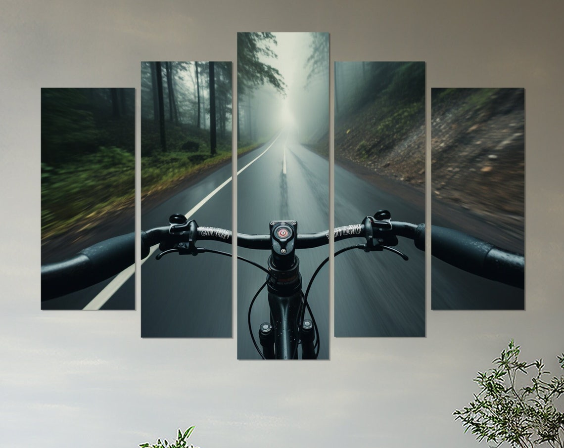 POV Bicycle Ride Misty Forest Road Triptych Cycling Wall Art Poster - Image 3