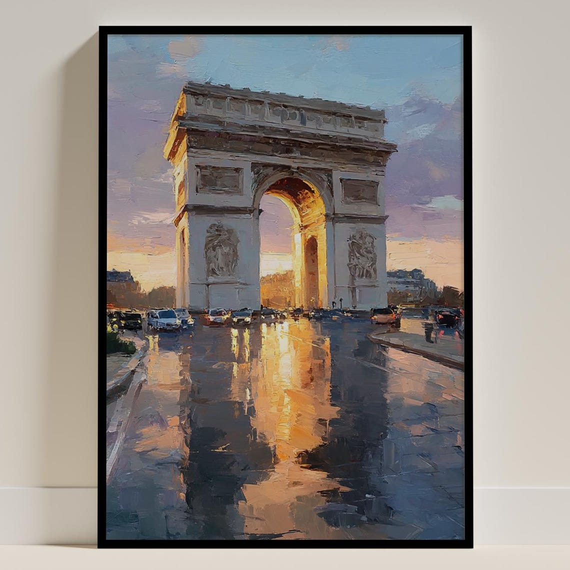 Arc de Triomphe Paris Sunset Rainy Street Impressionist Poster