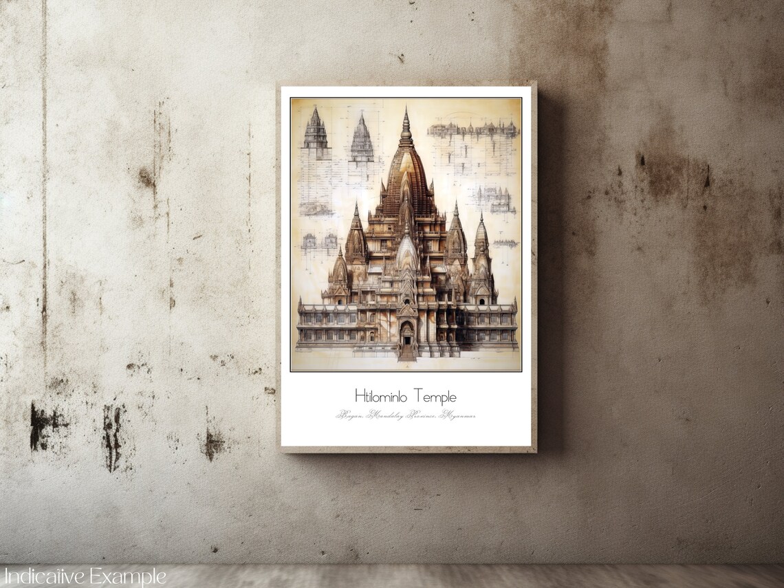 Htilominlo Temple Bagan Myanmar Architectural Sketch Art Poster - Image 2