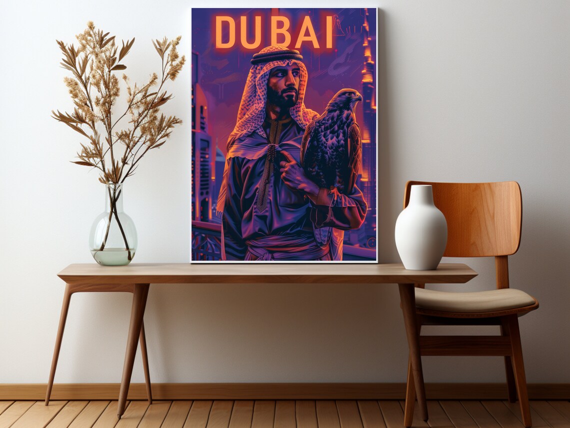 Dubai Neon Falcon Portrait Arab Heritage Night Skyline Poster - Image 2