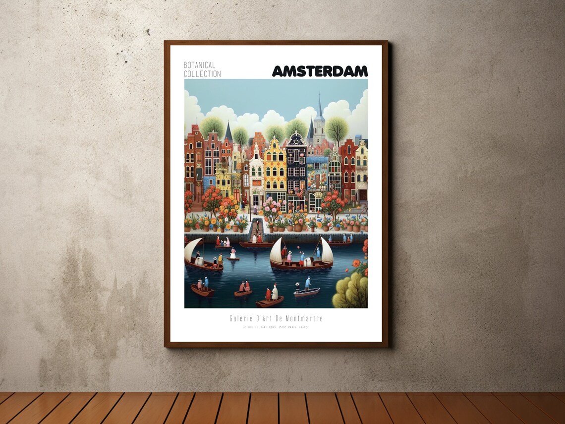 Amsterdam Canal Houses Boats Flower Market Botanical Travel Poster