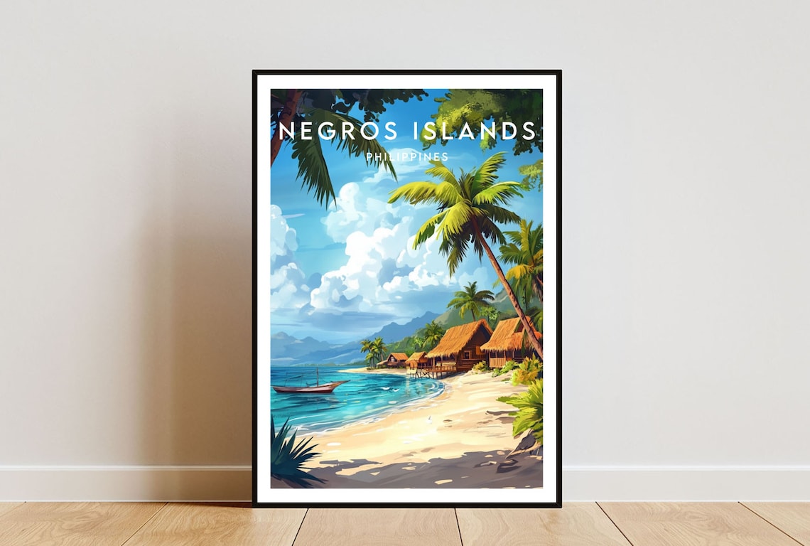 Negros Islands Philippines Palm Beach Thatched Huts Tropical Poster