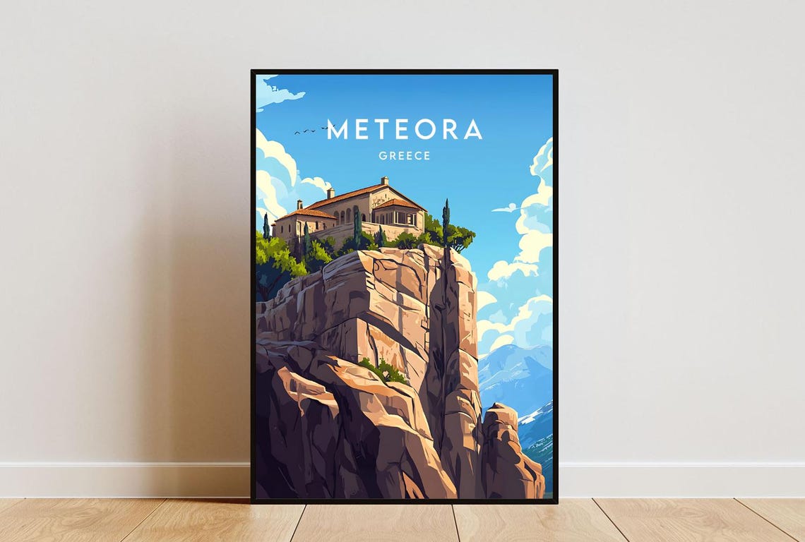 Meteora Greece Monastery Perched On Rock Pillar Travel Poster