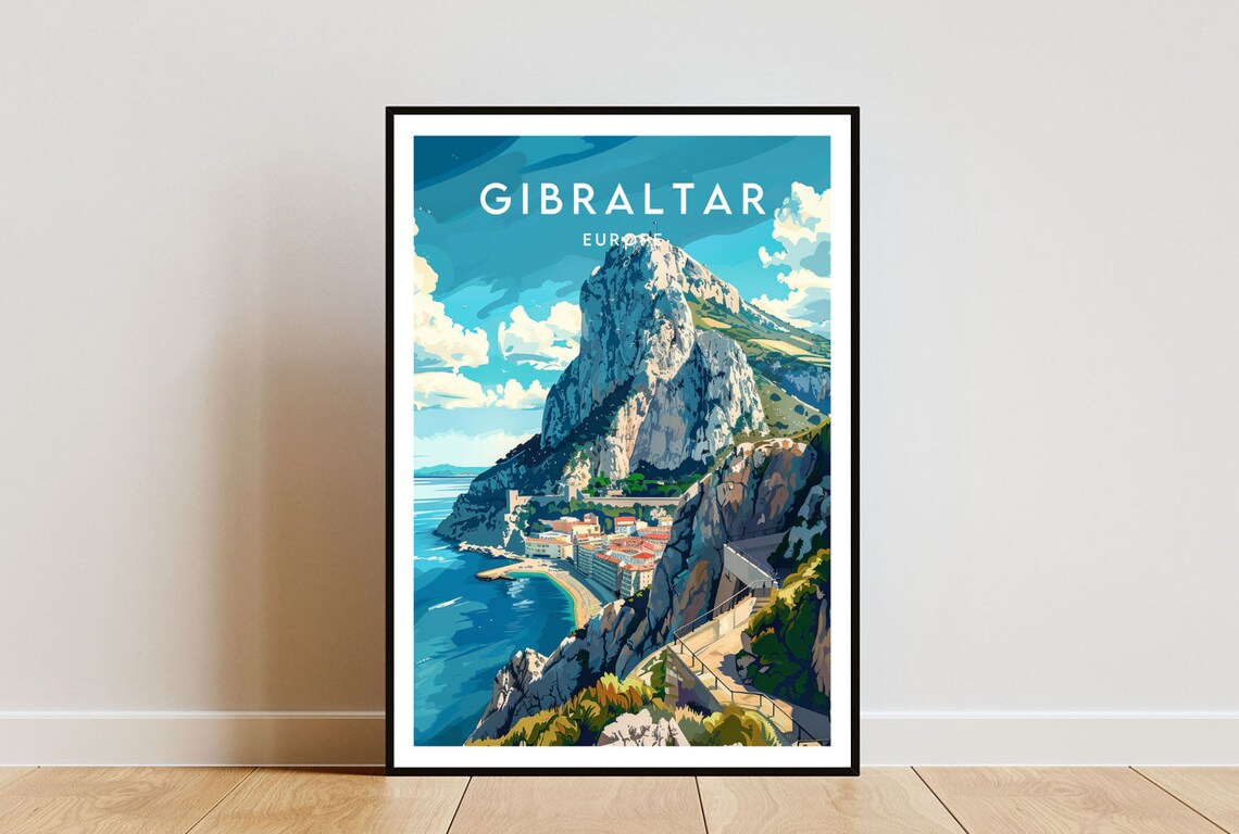 Gibraltar Europe The Rock Fortress Strait View Vintage Travel Poster