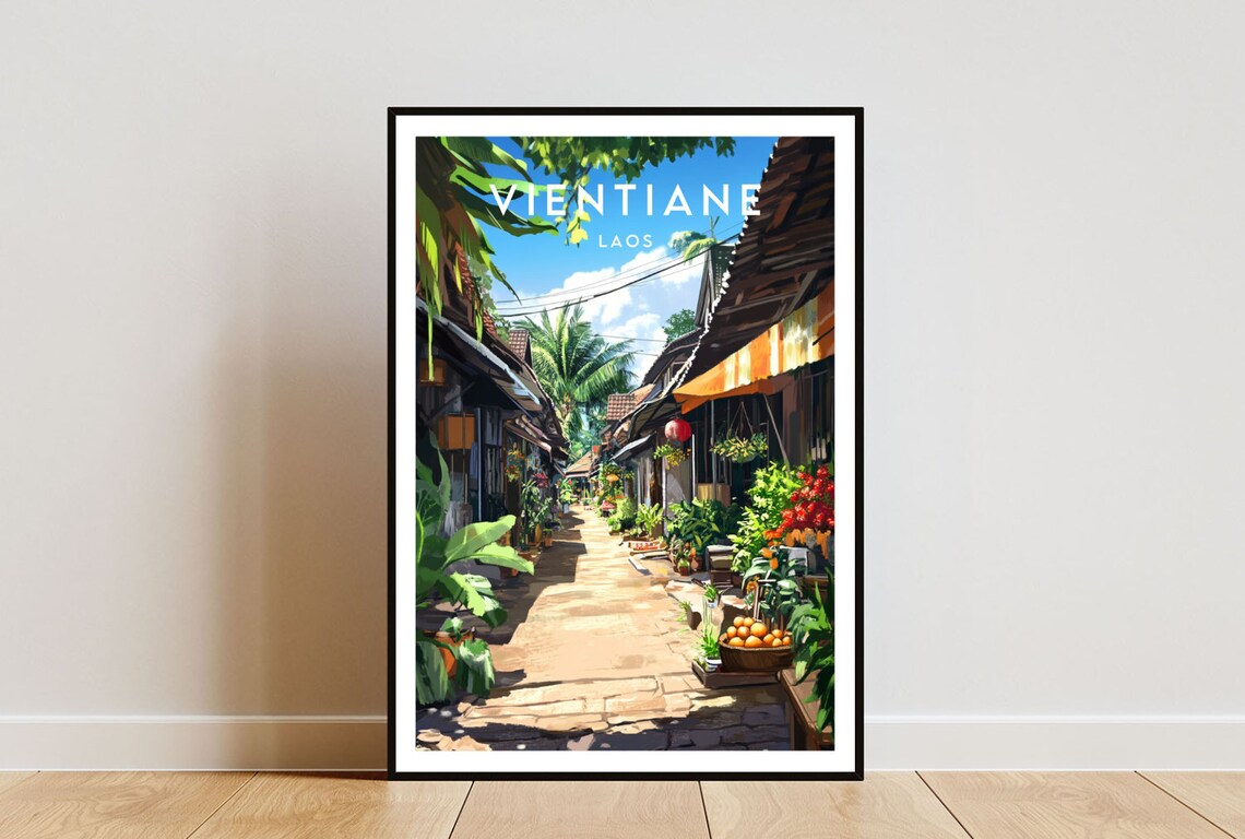 Vientiane Laos Old Town Street Market Plants Retro Travel Poster