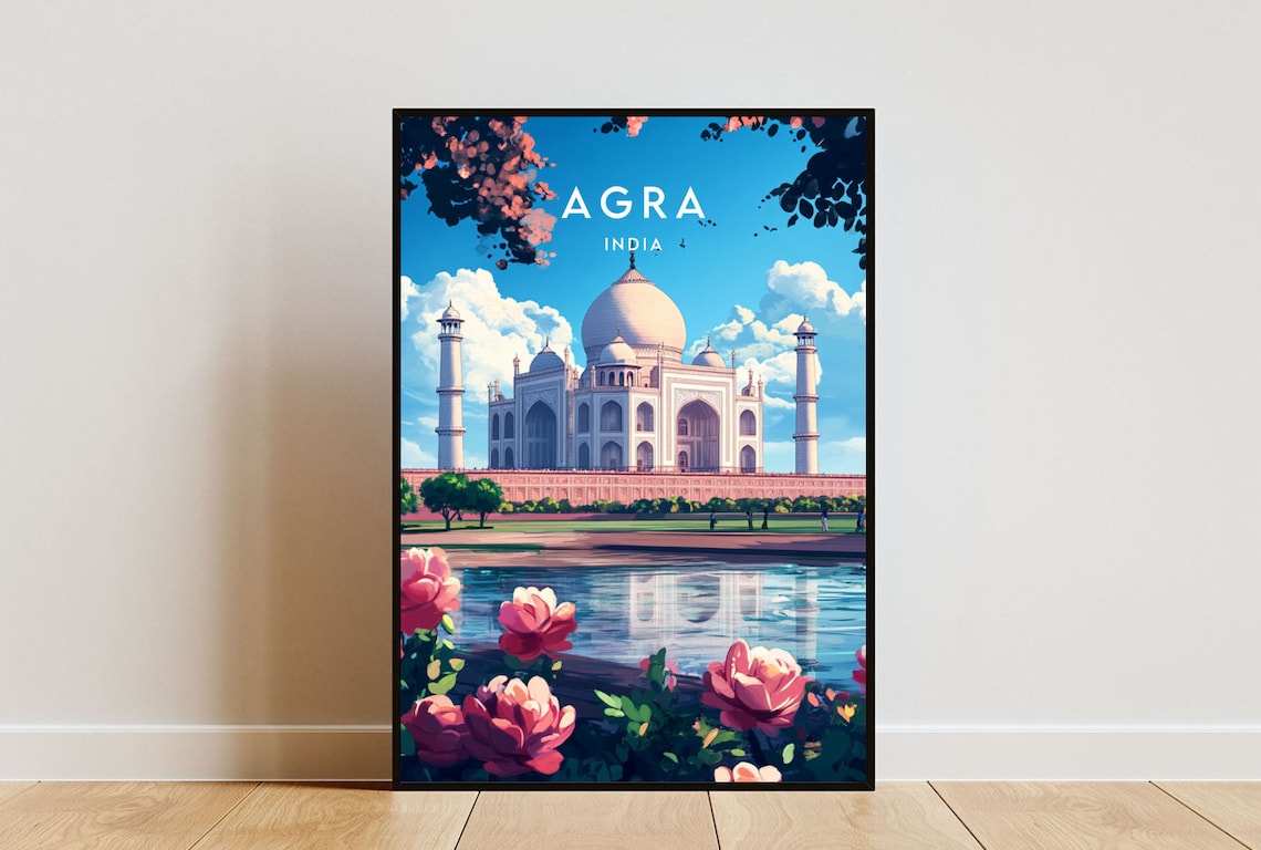 Agra Travel Poster, Taj Mahal and Agra Fort