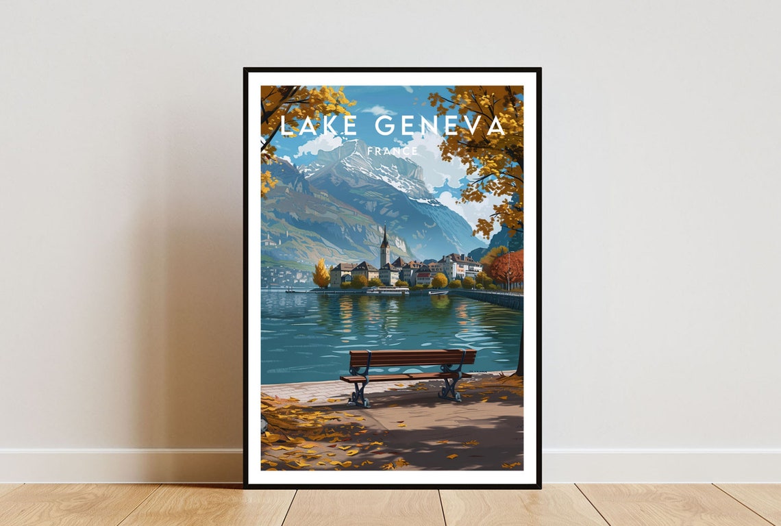 Lake Geneva France Autumn Lakeside Bench Mountain View Poster