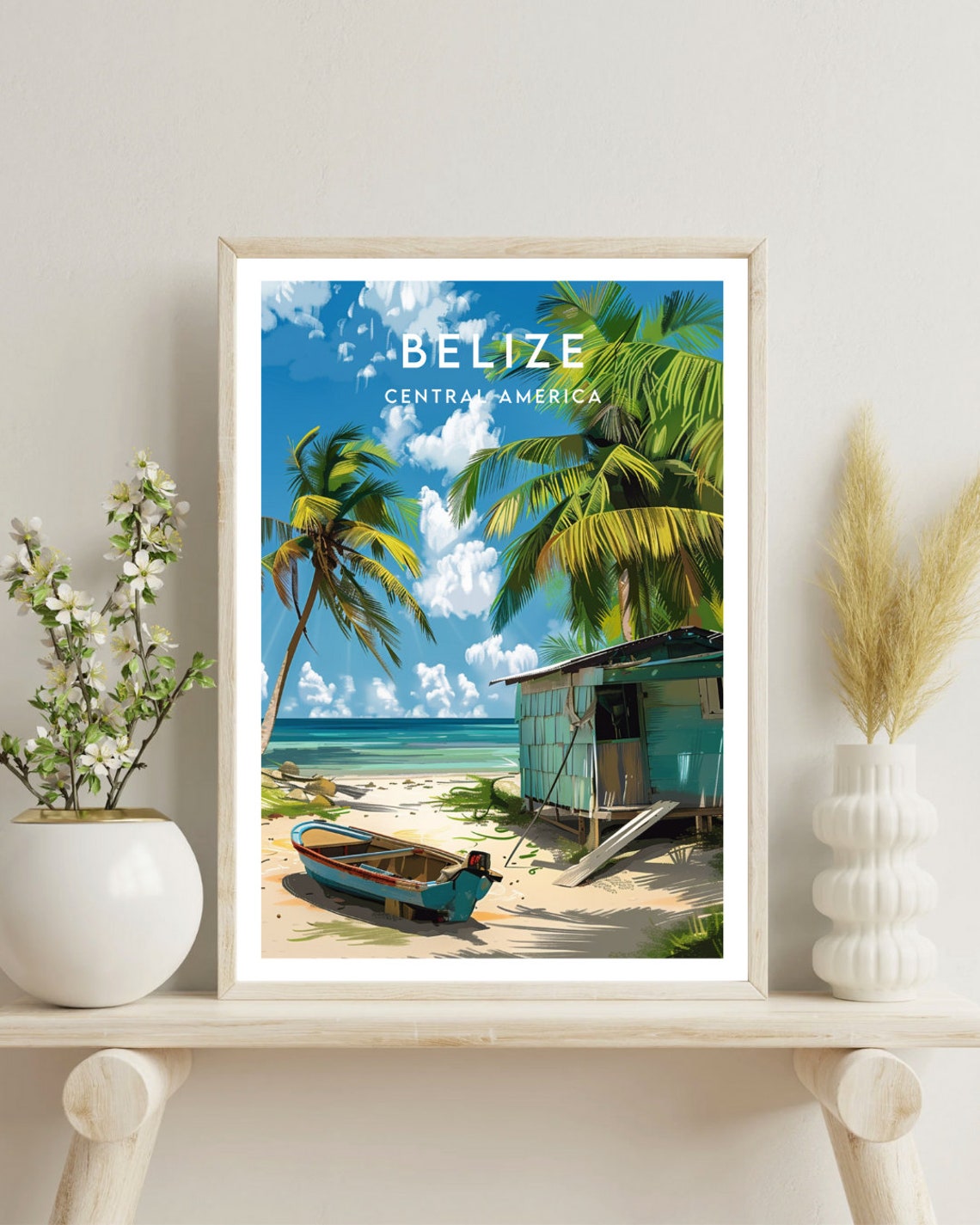 Belize Central America Beach Shack Boat and Palms Art Poster - Image 4