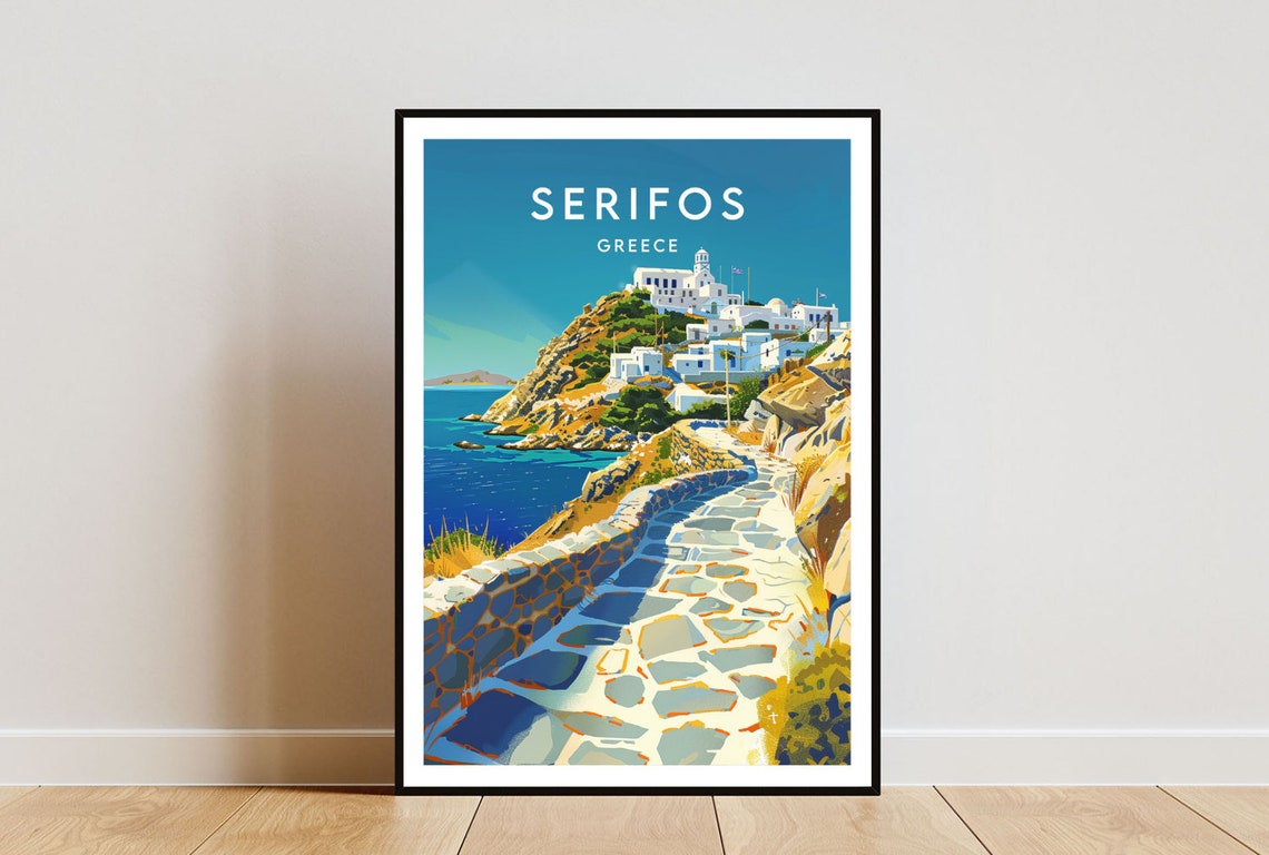Serifos Greece Whitewashed Hilltop Town Stone Path Travel Poster
