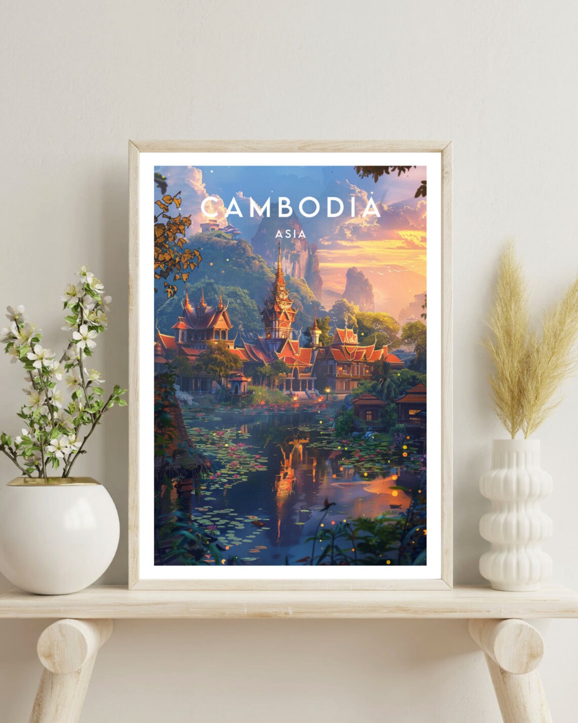 Cambodia Asia Golden Temple by Lotus Pond at Sunset Art Poster - Image 4