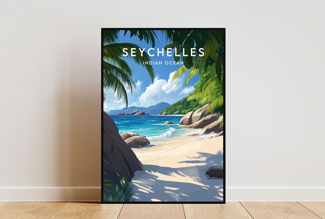 Seychelles Travel Poster, Indian Ocean Landscape