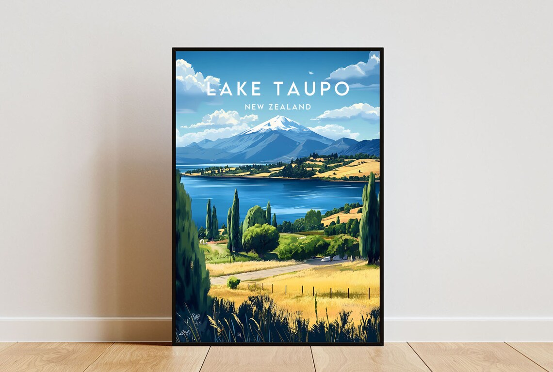 Lake Taupo New Zealand Volcanic Mountain Lake Vintage Travel Poster