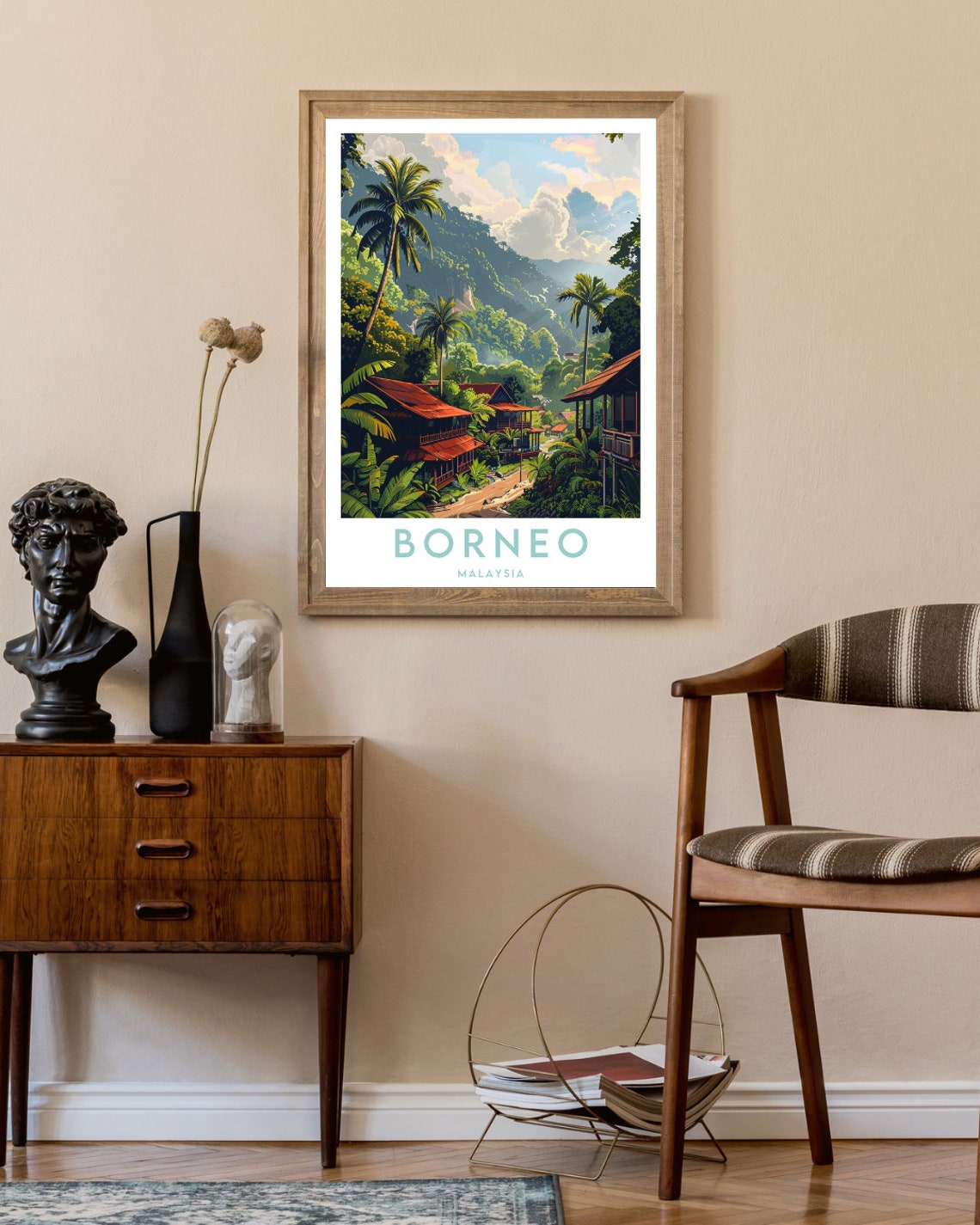 Borneo Malaysia Jungle Village Palms and Mountains Art Poster - Image 2