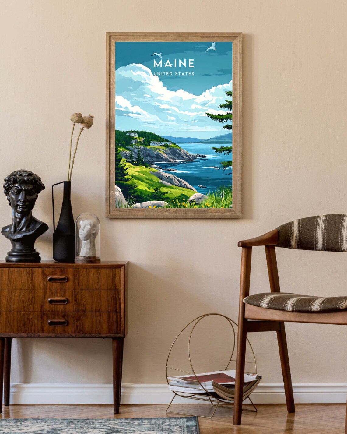 Maine USA Rocky Coast Lighthouse Seagulls Vintage Travel Poster - Image 2