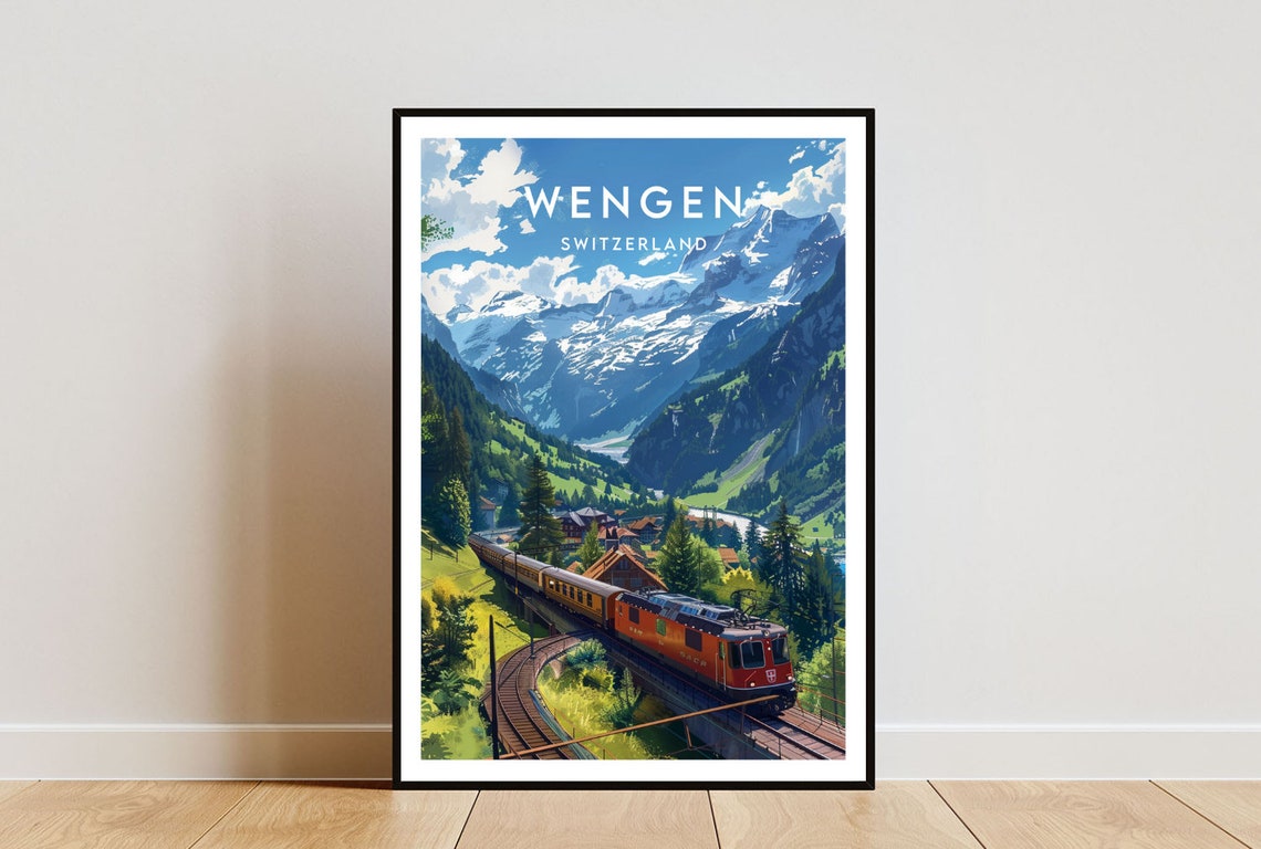 Wengen Switzerland Red Mountain Train Alpine Railway Valley Poster