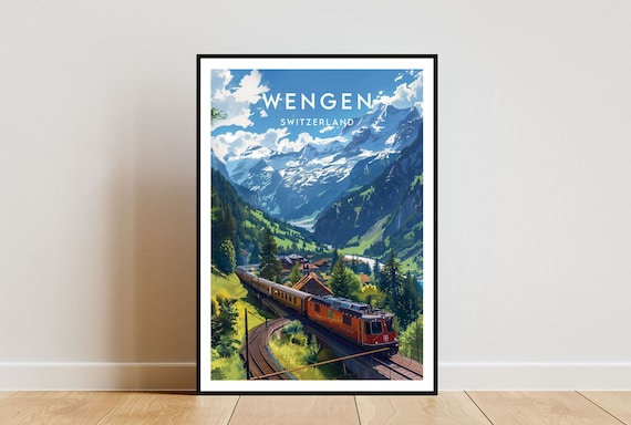 Wengen Switzerland Red Mountain Train Alpine Railway Valley Poster