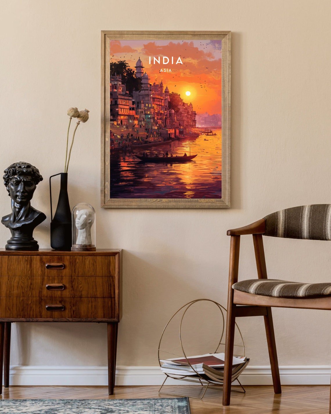 India Asia Golden Sunset River Temples Boats Riverside Scene Poster - Image 2