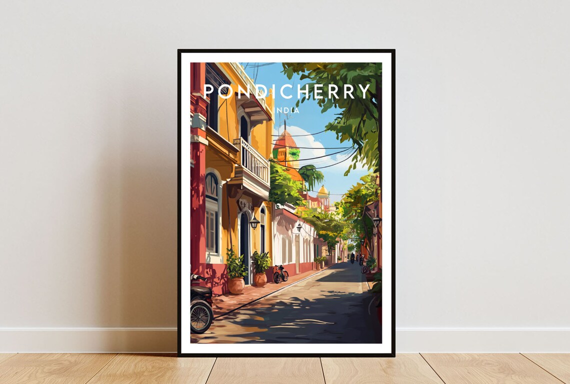 Pondicherry India Colonial Street Colorful Architecture Poster