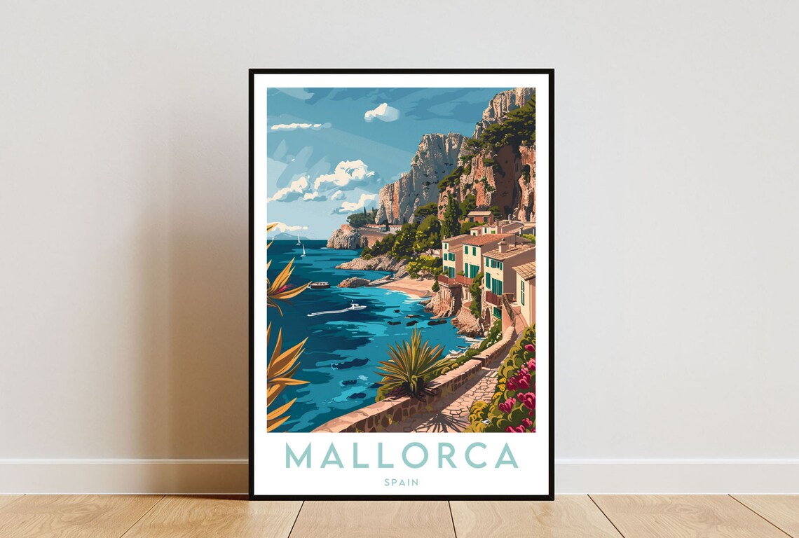 Mallorca Spain Cliffside Village and Blue Bay Travel Art Poster