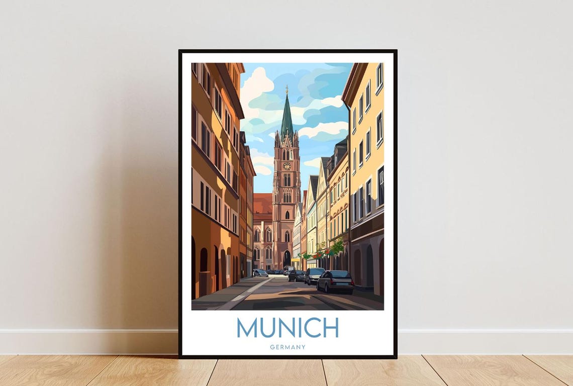 Munich Germany Gothic Church Tower Old Street Travel Art Poster