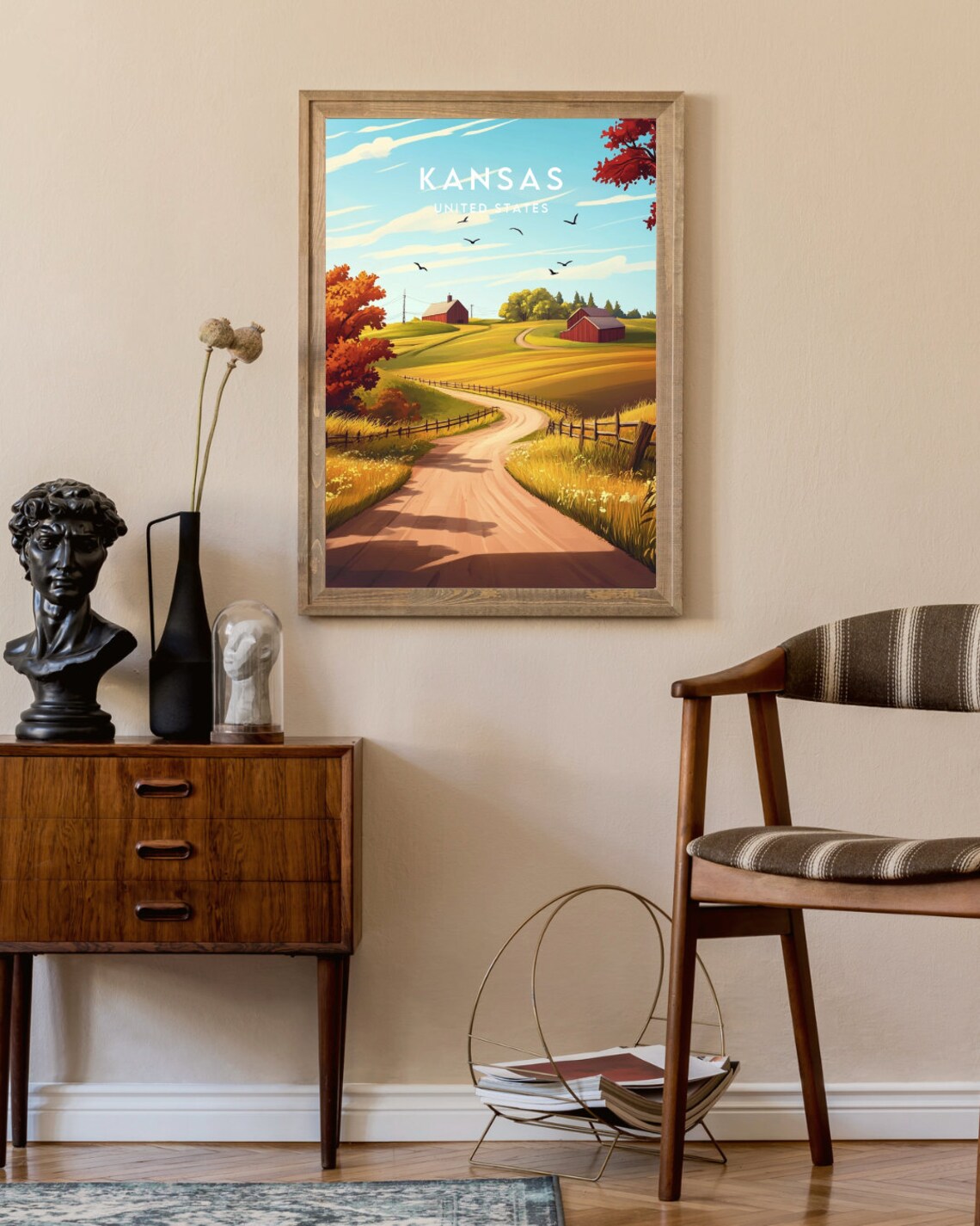 Kansas Countryside Dirt Road Red Barn Autumn Landscape Travel Poster - Image 2
