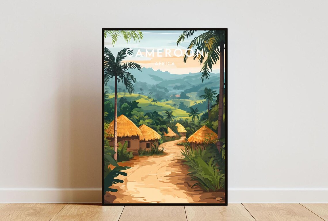 Cameroon Africa Thatched Huts Palm Trees Green Hills Travel Poster