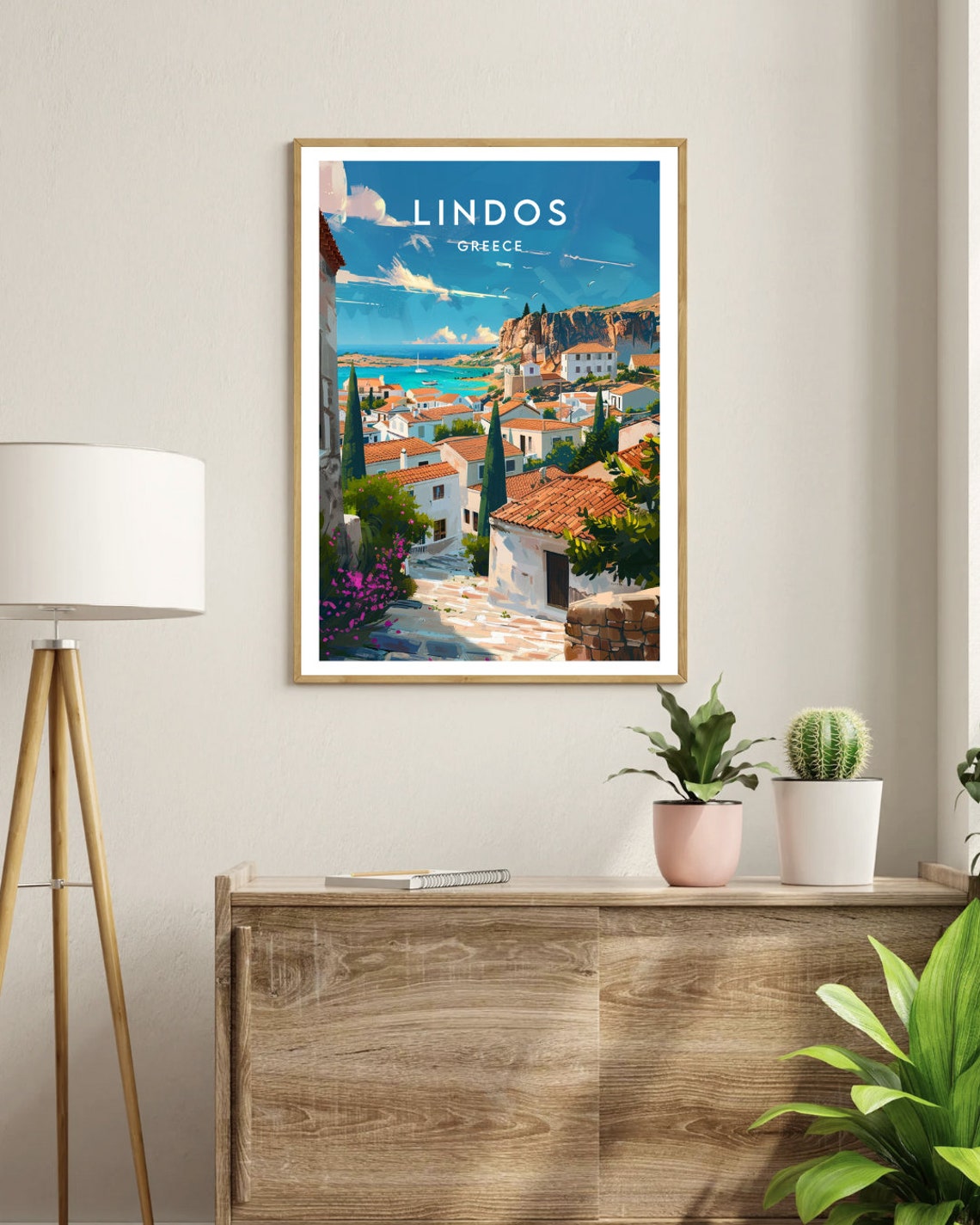 Lindos Greece Acropolis Cliff White Village Bay Travel Poster - Image 3