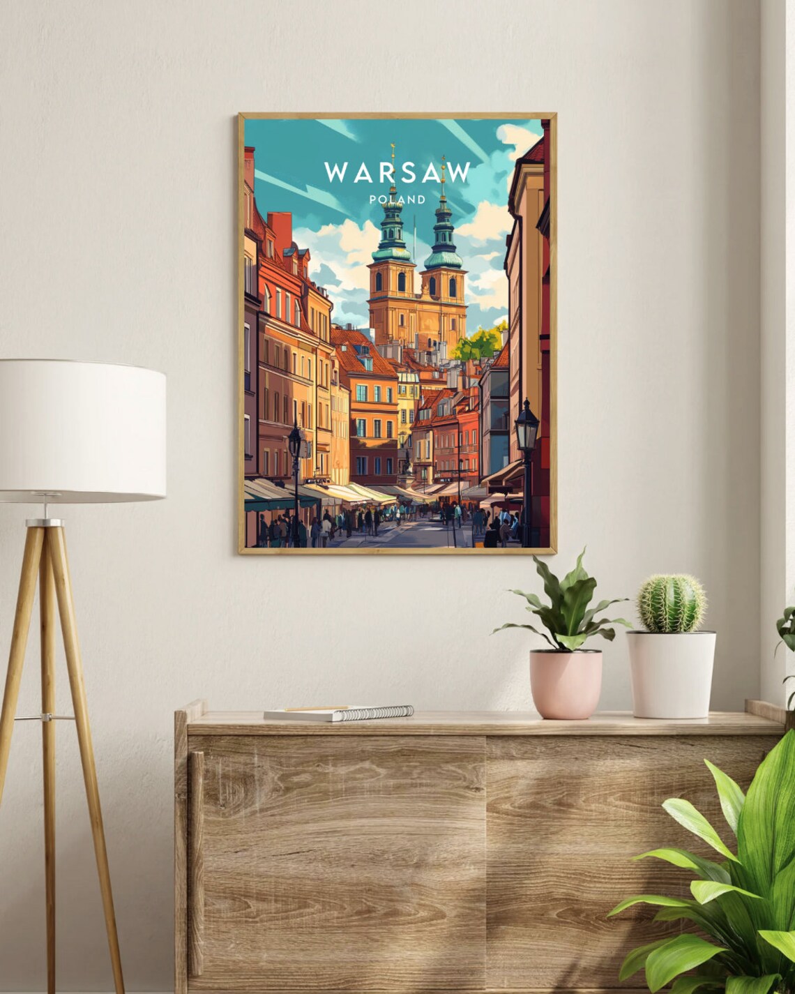 Warsaw Poland Old Town Street Church Towers Bustling Scene Poster - Image 3