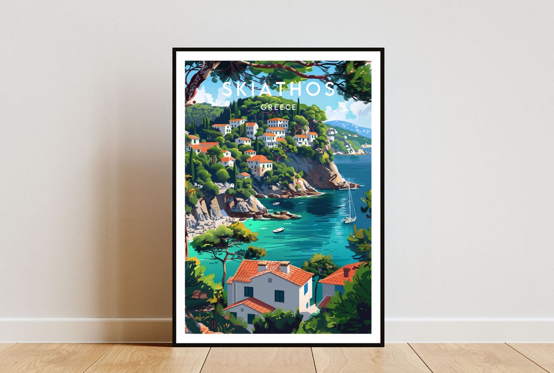 Skiathos Greece Whitewashed Seaside Village View Vintage Travel Poster
