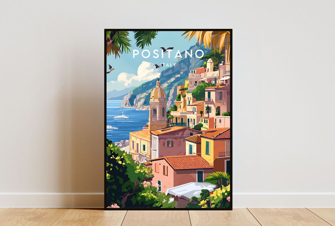 Positano Italy Amalfi Coast Cliffside Town Church Travel Poster