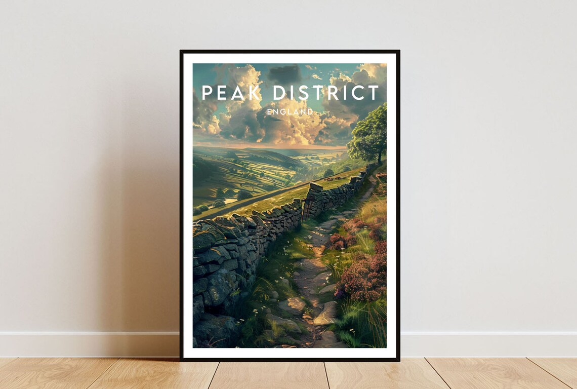 Peak District England Stone Wall Hiking Trail Vintage Travel Poster