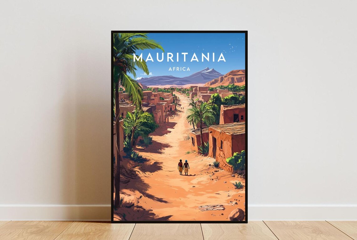 Mauritania Africa Adobe Village Street Mountain Backdrop Travel Poster